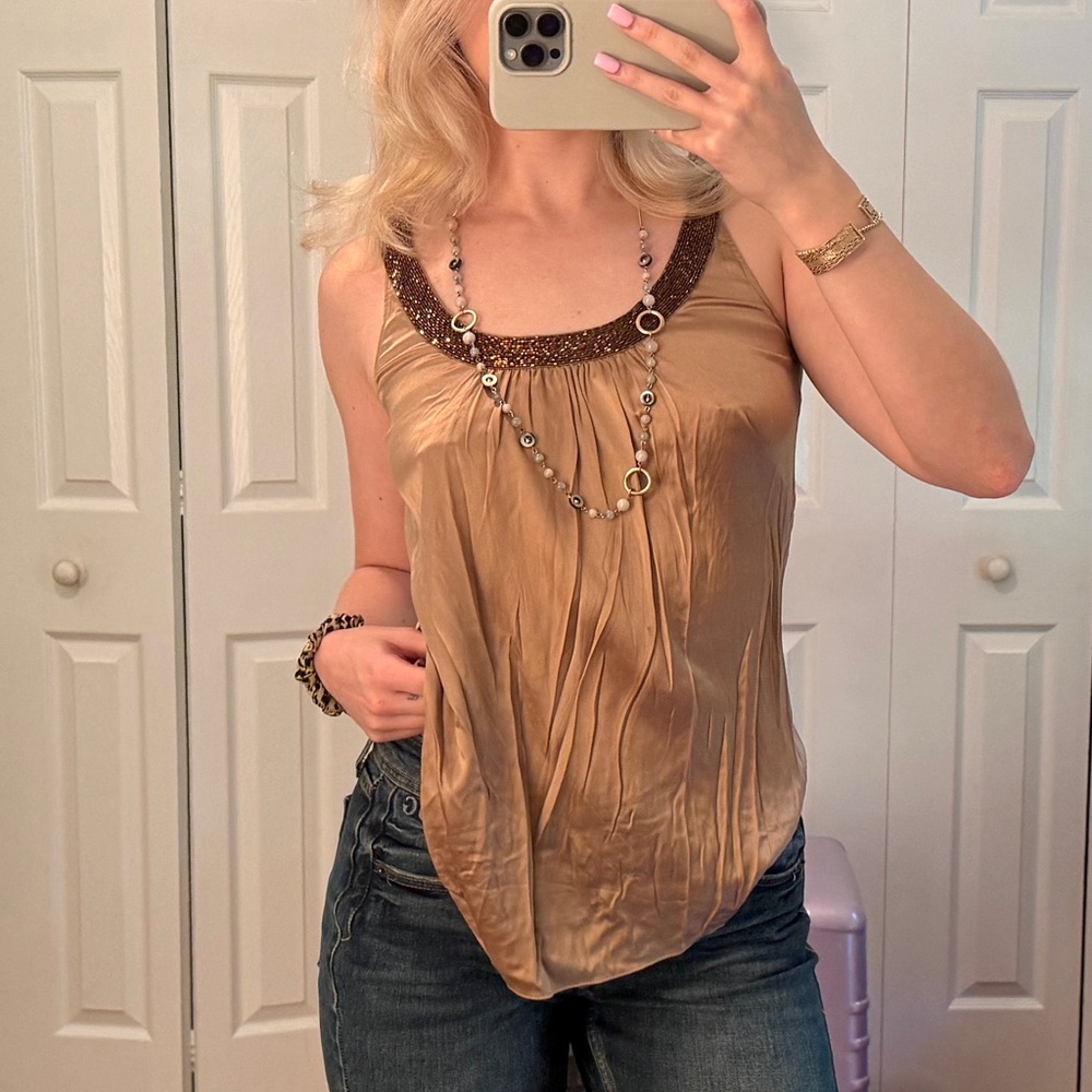 Vintage Y2K Express Design Studio Gold Satin Beaded Tank Sleeveless Blouse